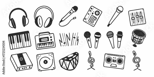 Illustration of musical equipment including headphones microphones and instruments sketched out