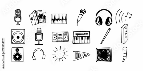 Illustration of music equipment including microphones speakers headphones and a keyboard