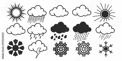 Illustration depicting various weather conditions including sun clouds rain and snow flakes