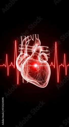 A transparent, anatomical representation of the human heart, highlighted with vibrant red accents, against a dark background with a prominent electrocardiogram.