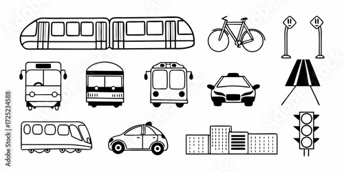 Illustration of various modes of transportation and city elements in black and white line art