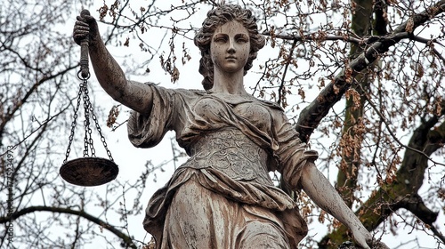 Ancient Statue of Lady Justice in a Winter Scene