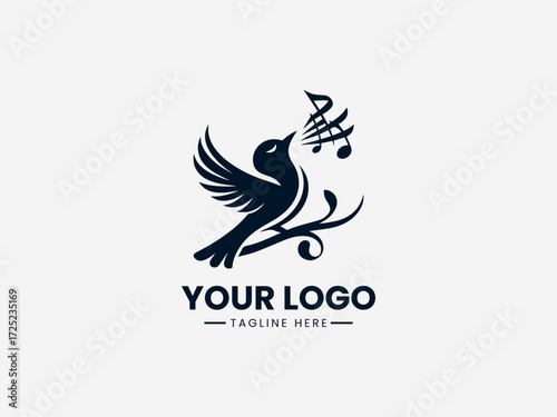 Elegant singing bird vector logo with musical notes and microphone for music school or recording studio