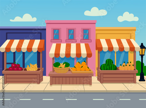 Vector cartoon wooden marketplace tents with farm produce. Food market stalls street with fruits and vegetables.