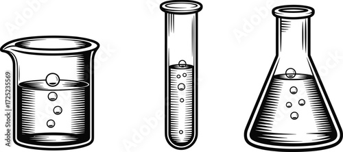 Laboratory glassware vector set, black and white beaker, test tube, Erlenmeyer flask with bubbles for science, chemistry, education use