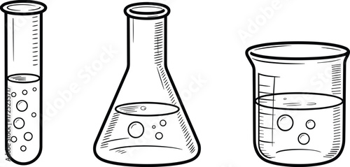 Laboratory glassware vector set, black and white beaker, test tube, Erlenmeyer flask with bubbles for science, chemistry, experiment use