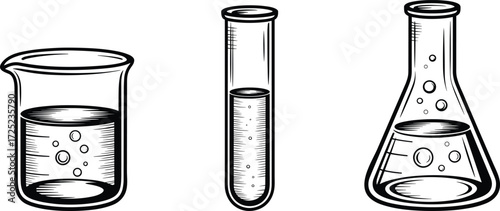 Laboratory glassware illustration, beaker with bubbles, test tube experiment, Erlenmeyer flask reaction, chemistry equipment vector, science research icon design