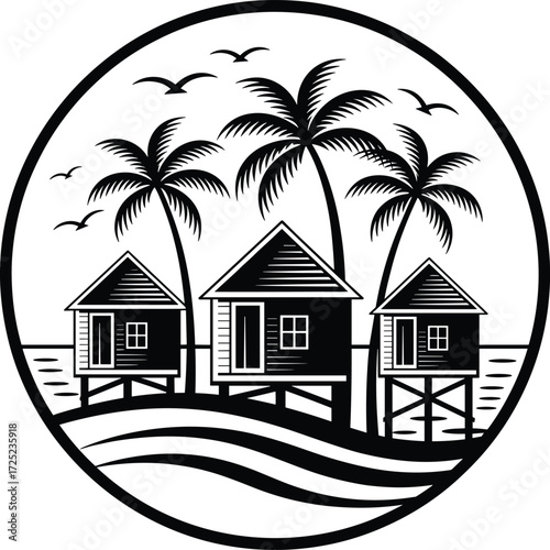Black and white tropical illustration, stilt houses over water, palm tree design, coastal beach scene, decorative oval frame, serene vacation artwork