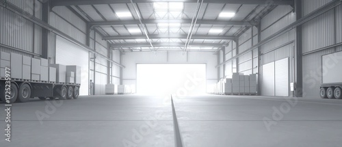 Vast Industrial Warehouse Interior:  Trucks, Cargo, and Bright Light
