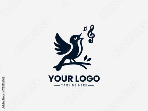 Elegant singing bird vector logo with musical notes and microphone for music school or recording studio
