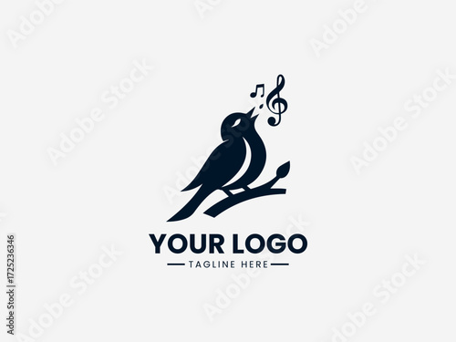 Elegant singing bird vector logo with musical notes and microphone for music school or recording studio
