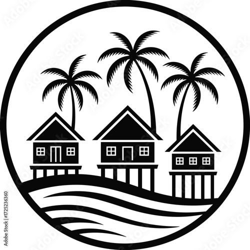 Black and white tropical illustration, stilt houses with palm trees, coastal island artwork, circular frame design, serene beach scene, decorative vacation vector drawing