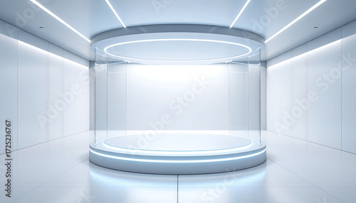 Futuristic sci-fi laboratory interior featuring an empty glowing glass cylinder for product display, a clean modern room with nobody