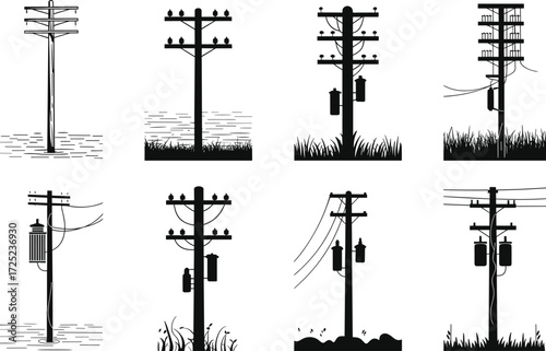 Black and white utility pole illustration, electrical transmission tower design, power line infrastructure artwork, engineering vector drawing, electricity distribution concept, energy network