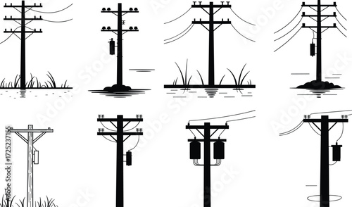 Black and white utility pole illustration, electrical power line design, telecommunication pole artwork, silhouette infrastructure drawing, rural and urban energy distribution concept