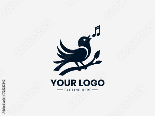 Elegant singing bird vector logo with musical notes and microphone for music school or recording studio