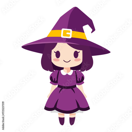 Adorable anime chibi girl dressed as a cute witch in a purple outfit for Halloween, vector graphic isolated on a white background