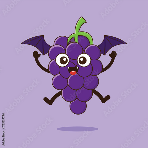 Cartoon Grapes Character in Halloween Bat Costume Flying Happily Vector Illustration
