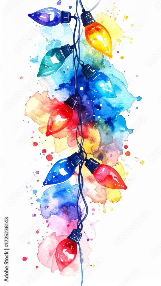 Fototapeta premium Watercolor Illustration of Colorful Holiday String Lights with Splattered Paint Background