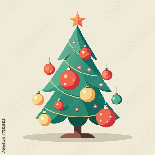 Vintage inspired Christmas tree vector decorated with shiny tinsel, classic bubble lights, and traditional heirloom ornaments, evoking nostalgic memories.