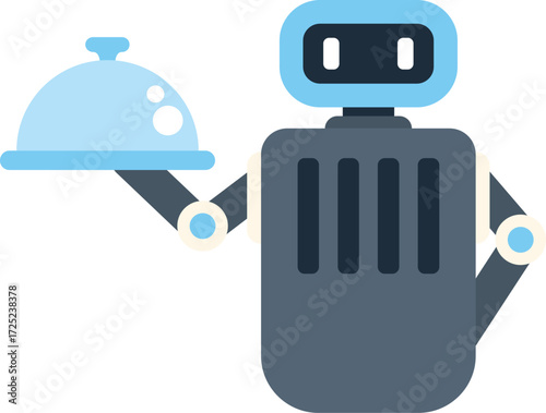 Robot waiter holding covered serving tray, symbolizing automation and ai in food service