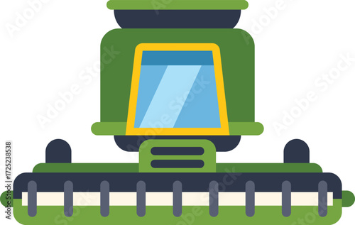 Green combine harvester harvesting crops in field illustration