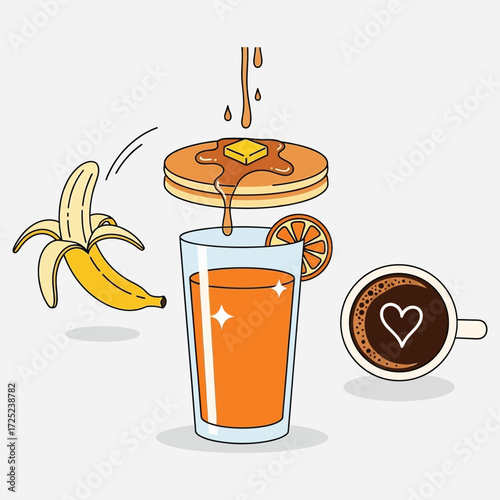 A complete breakfast set illustration, freshly prepared with pancakes, orange juice, coffee, and a banana for a healthy start