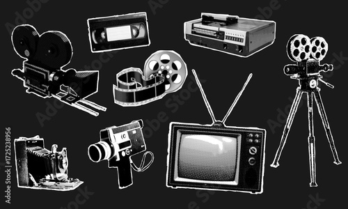 A collection of halftone elements: movie cameras, cassette tapes, a television, and a VCR on an isolated background. Modern vector illustration in a retro grunge style with a dotted texture. Halftone 