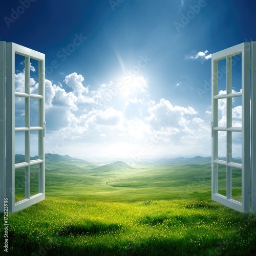 A serene vista of a lush green landscape, framed by an open window, showcasing a vibrant sky filled with fluffy clouds and a bright sun.