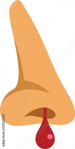 Cartoon human nose is bleeding with a drop of blood falling down