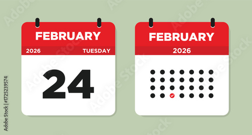 February 24 2026 Tuesday Calendar Page Vector Illustration. 24 February calendar page. Day calendar with date February 24. event reminder illustration. Week Starts on Sunday.