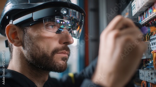 A technician wearing smart glasses works on electrical wiring, focusing intently on the task at hand in a modern setting.