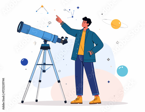 Man with Telescope Exploring the Cosmos Astronomy and Space Observation