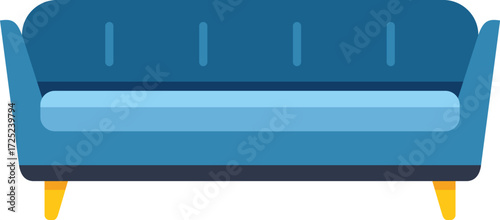 Blue sofa with wooden legs standing on white background, element of furniture for living room interior in flat style