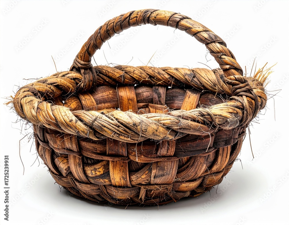Obraz premium Woven Wood Basket with Handle on White Background Studio Shot