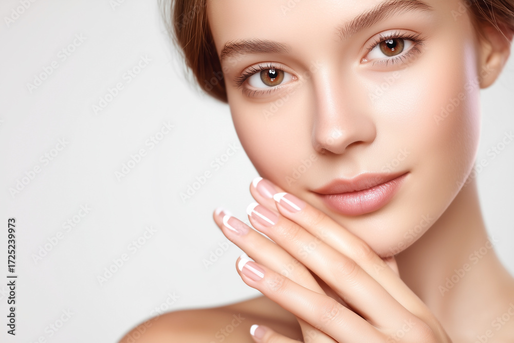 Fototapeta premium Elegant woman with flawless skin, adorned with perfect french manicure, exudes natural beauty and sophistication. A picture of health and grace.