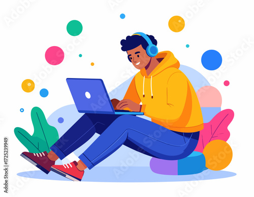 Young man with headphones happily working on laptop, surrounded by colorful bubbles and leaves