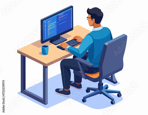Programmer working on a computer at a desk, coding software in an office setting