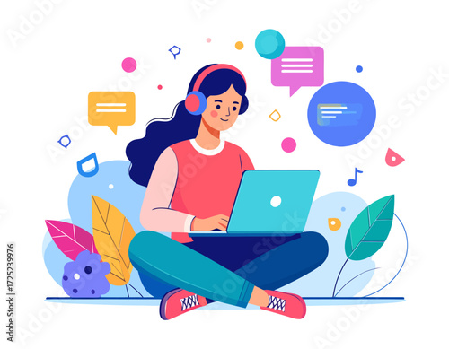 Young woman listening to music while working on a laptop with chat bubbles and abstract shapes