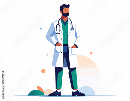 Modern flat vector illustration of a confident male doctor with a stethoscope and lab coat, symbolizing professional healthcare and dedicated medical services