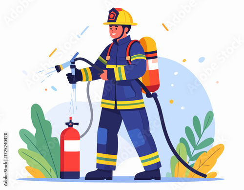 Firefighter Hero A Brave Professional in Action with Hose, Extinguisher, and Gear for Safety