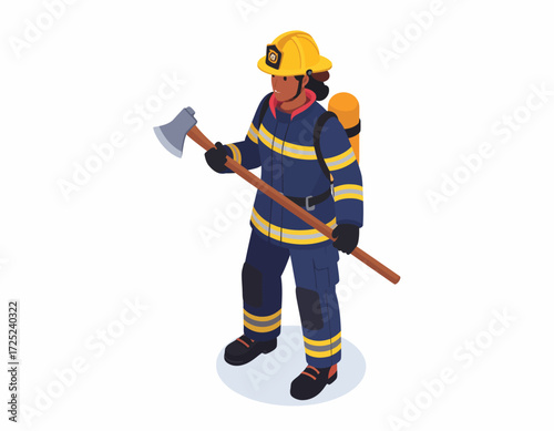 Professional female firefighter in full protective gear, equipped with an axe and breathing apparatus, symbolizing essential emergency response and courageous public safety