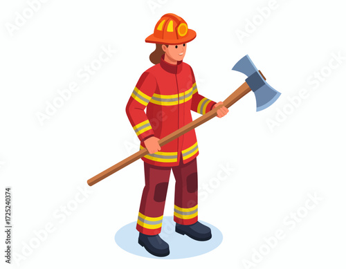 Brave female firefighter in protective uniform and helmet, holding a rescue axe, an isometric illustration ready for emergency response and fire suppression duties