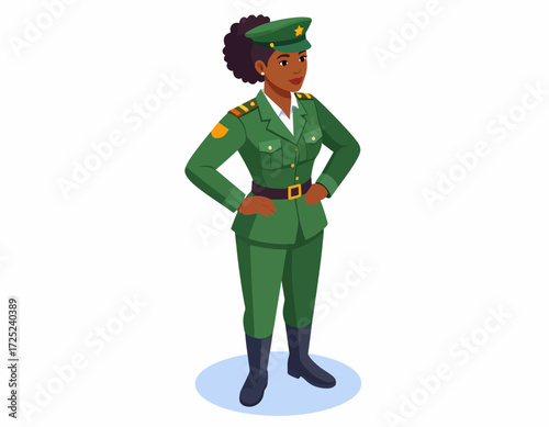 Professional and confident Black woman in a green military uniform, a striking vector illustration embodying strength, dedication, and service with an empowered stance