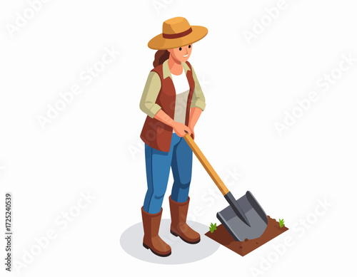 Illustration of a farmer woman gardening using a shovel in an isometric design on a white background