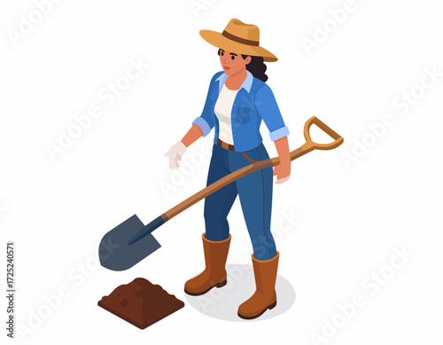 Isometric illustration of a woman gardening with a shovel in a field