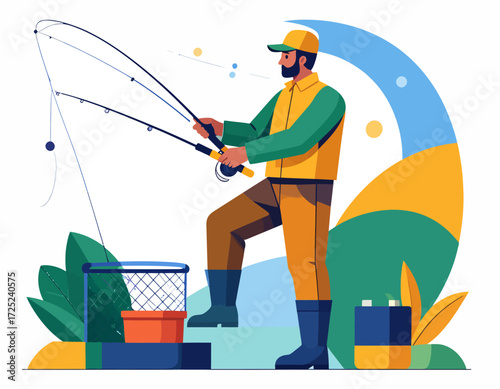 Vibrant flat illustration depicting a male angler with fishing rods, enjoying a tranquil outdoor hobby, showcasing the serene joy of recreational fishing in nature
