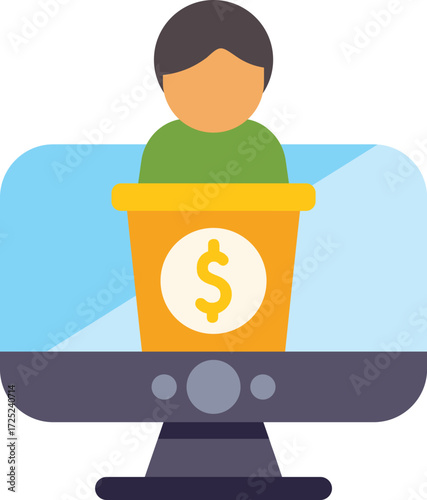 Illustration of a businessman making money online while giving a business presentation on a podium inside a computer screen