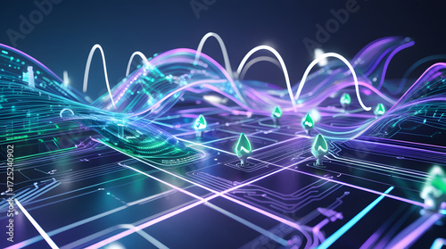High-tech clean energy illustration featuring holographic digital grid connected with renewable power sources