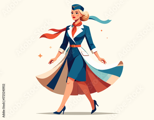 Elegant illustration of a confident female flight attendant in a classic blue uniform, walking gracefully with a red and white scarf, symbolizing air travel and professionalism